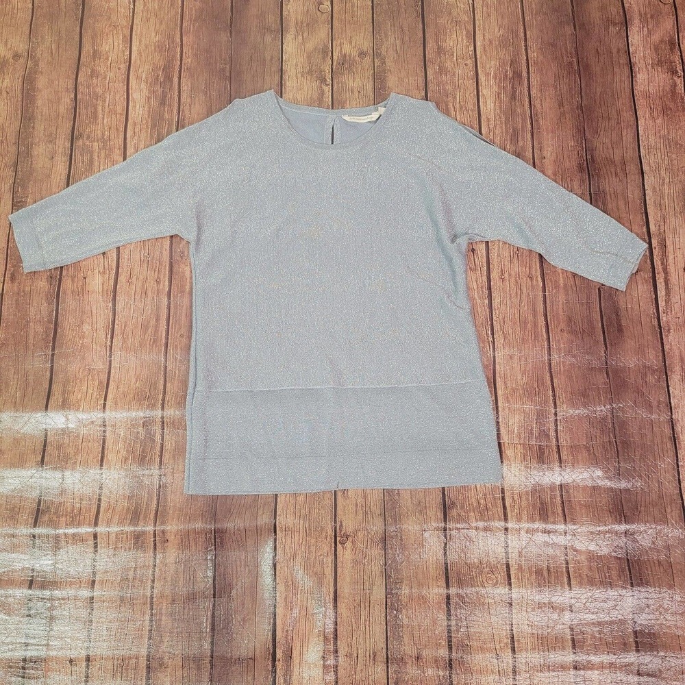 Soft Surroundings Womens Sweater Gray PS Petite Shimmer Sleeve Slit Keyhole Back